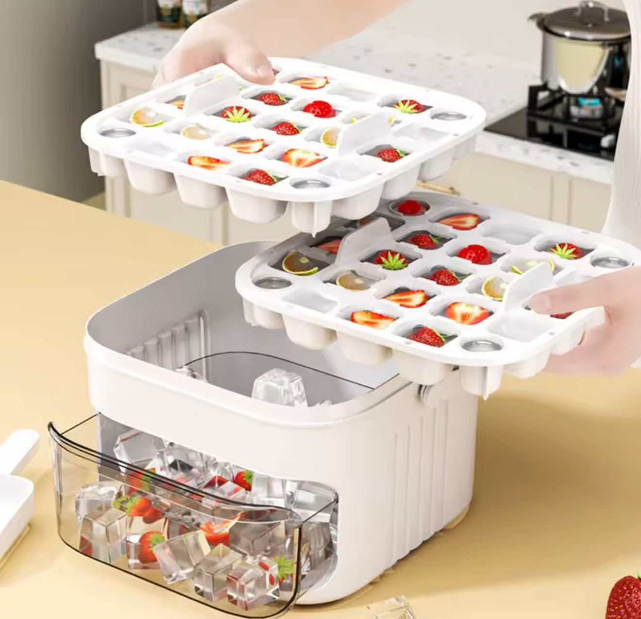 50-Cube Ice Maker with Easy Press Cap Double Layer Ice Cube Maker Refrigerator Household Ice Storage Ice Box